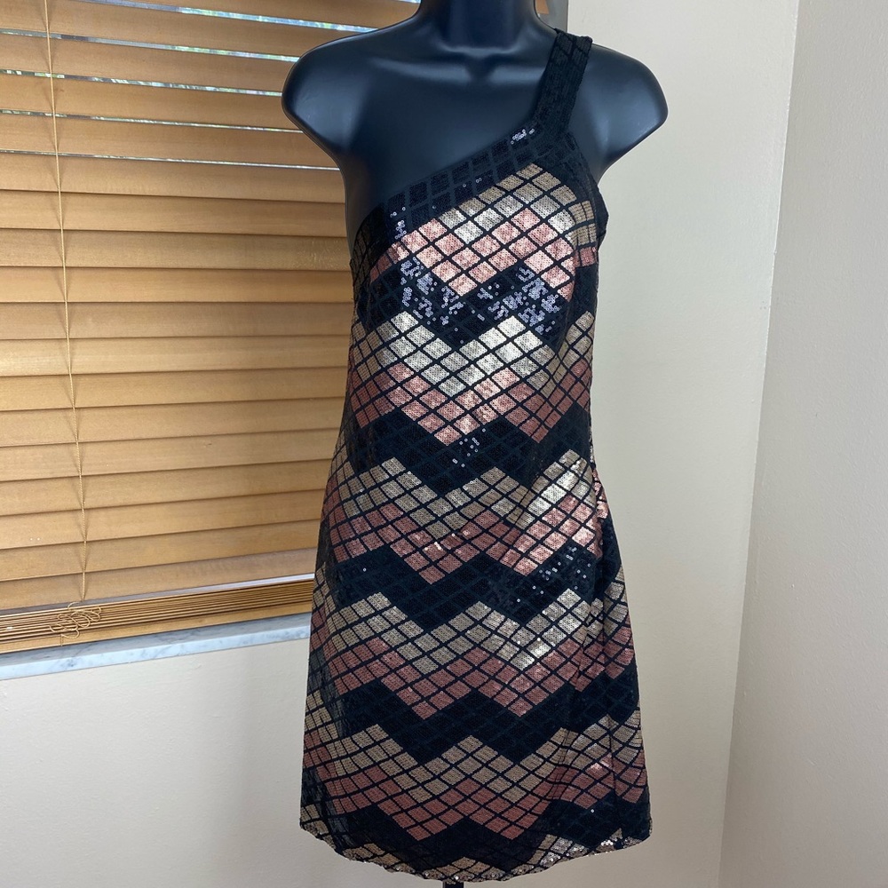 Chelsea & Violet Metallic One Shoulder Sequin Mini Dress